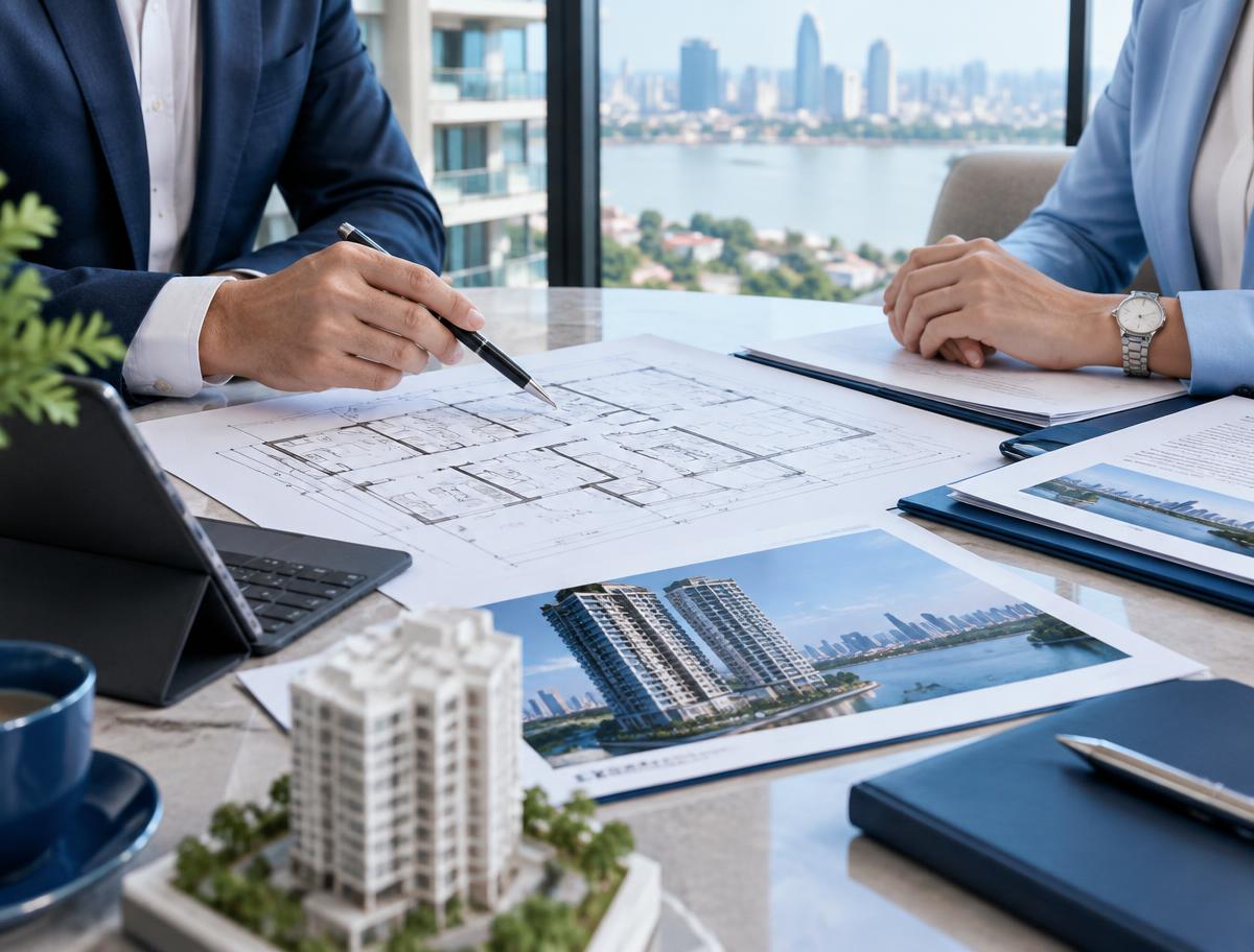 Property advisors reviewing condominium plans in Phnom Penh