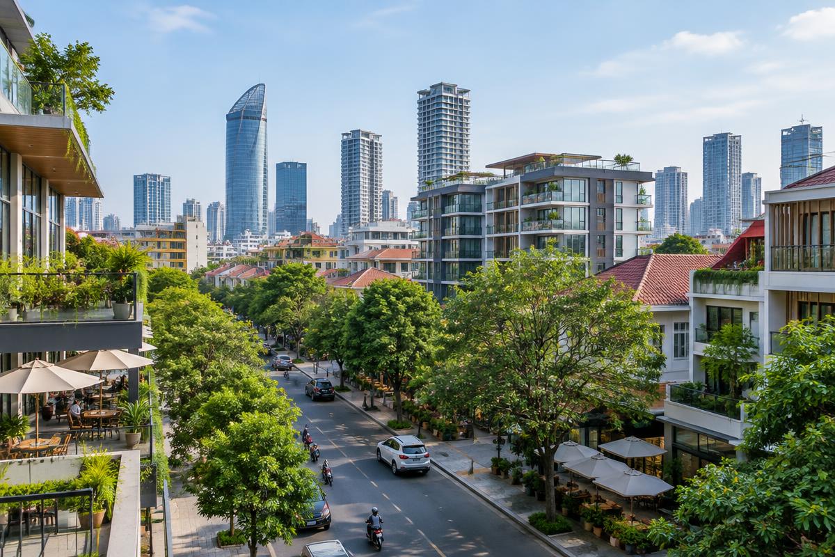 Leafy BKK1 street with modern condominiums in Phnom Penh