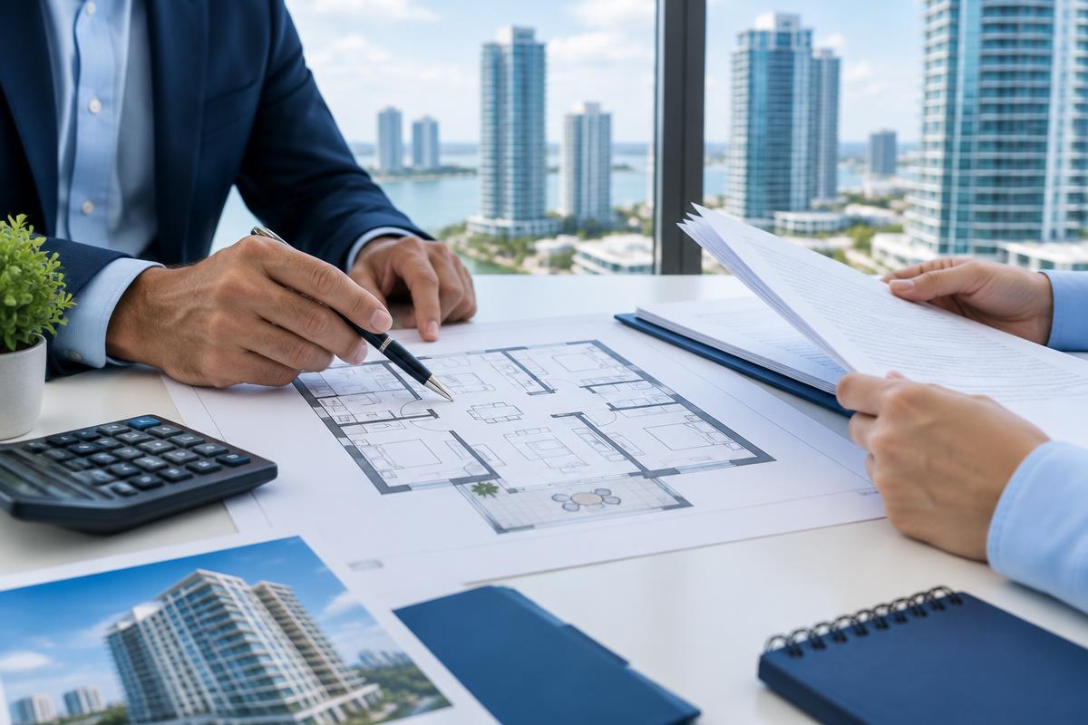 Property advisers reviewing condominium plans and documents