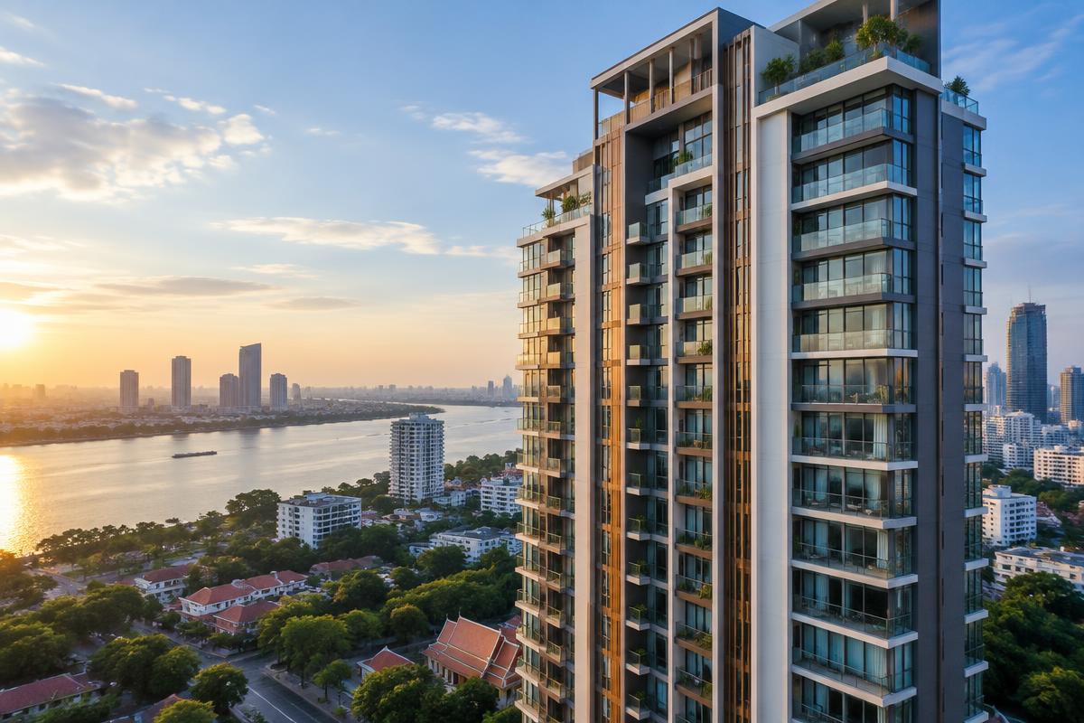 Modern condominium tower overlooking Phnom Penh at sunrise