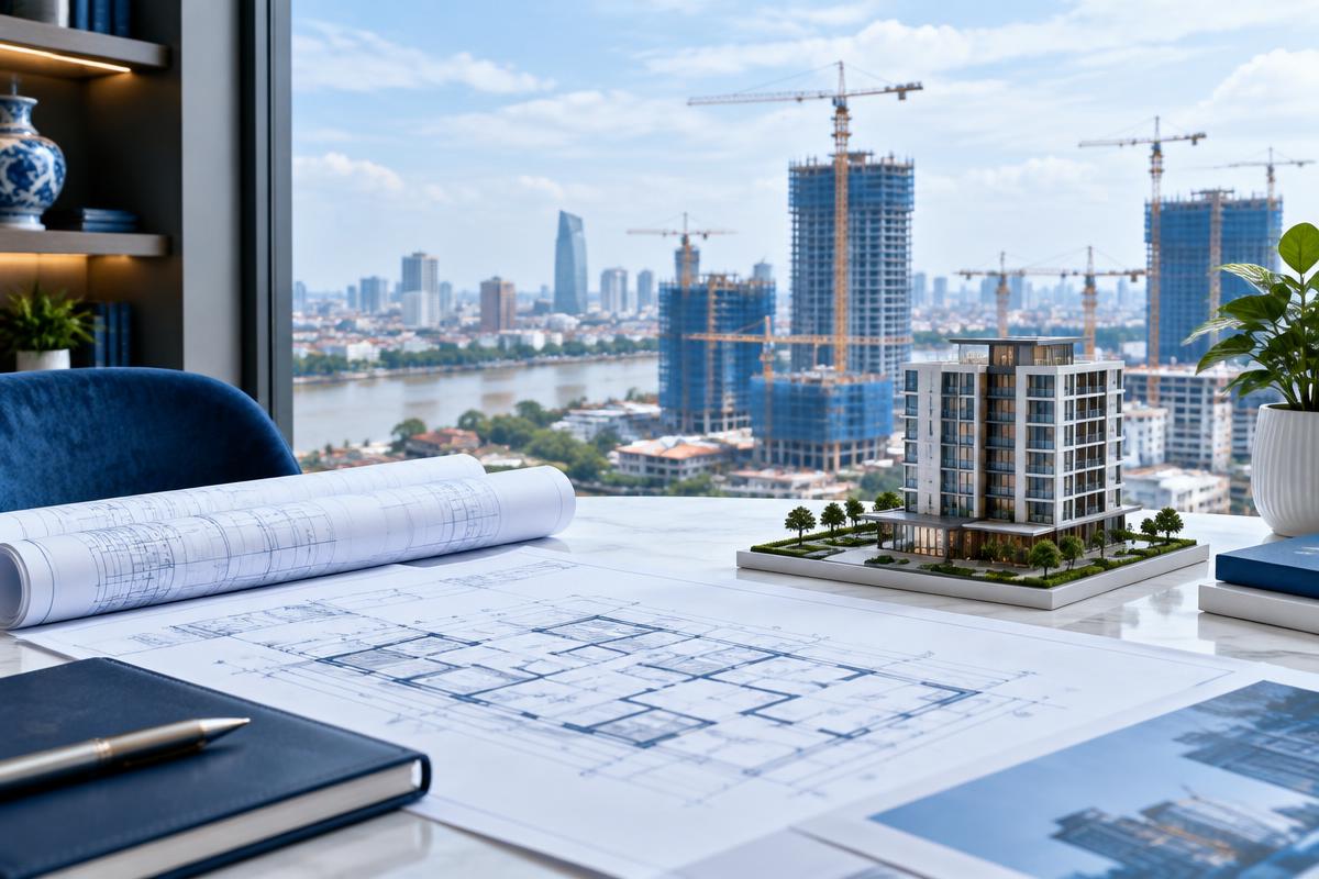 Architectural plans and condominium model overlooking Phnom Penh construction