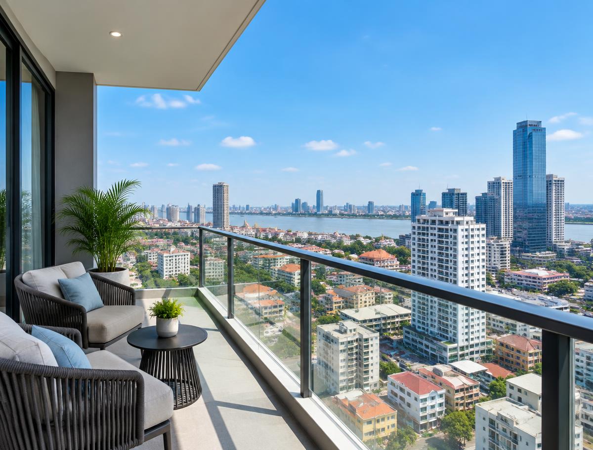 Contemporary Phnom Penh condominium balcony overlooking the city